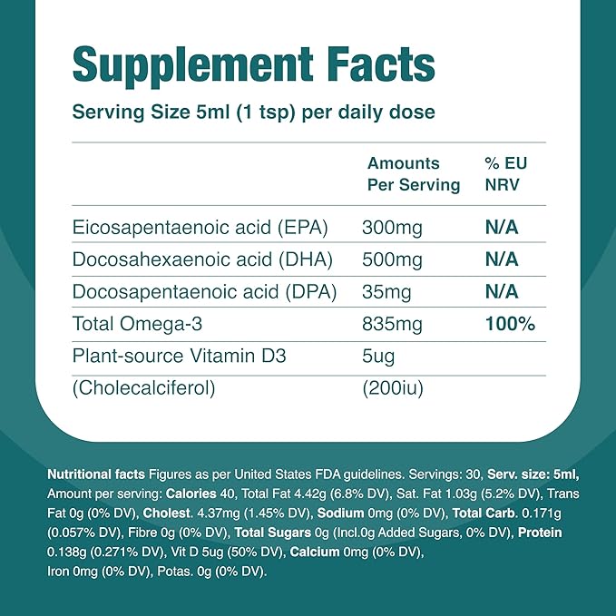 VEGETOLOGY Vegan Omega 3 Liquid from Microalgae 800mg of EPA DHA with Vitamin D3 Supports Heart Brain and Eye Health Natural Fish Oil Alternative UK Made Unflavoured