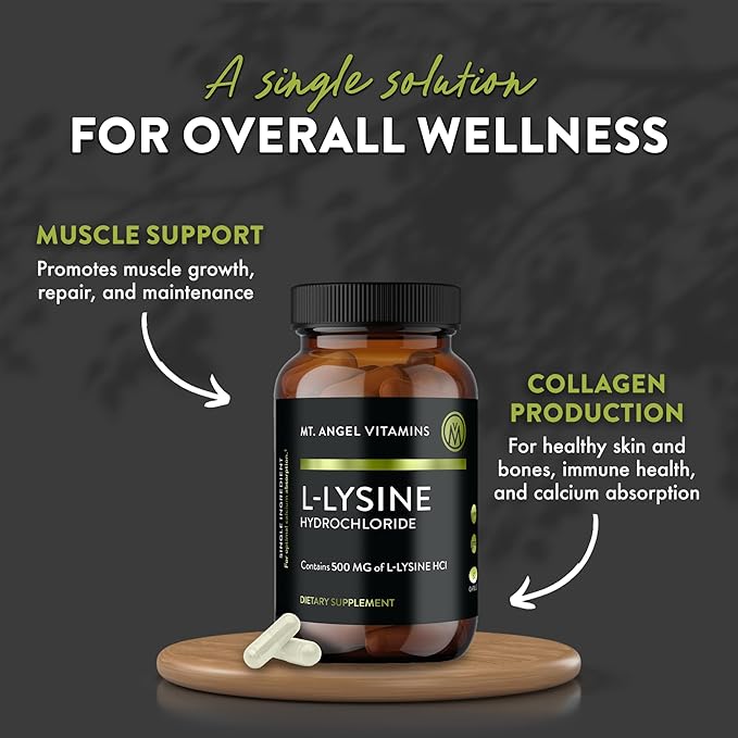 Mt. Angel Vitamins - Premium L-Lysine 500mg Capsules – Vegan-Friendly Essential Amino Acid – Supports Immune System &amp Collagen Formation – Non-GMO – 60 Capsules (Pack of 2)