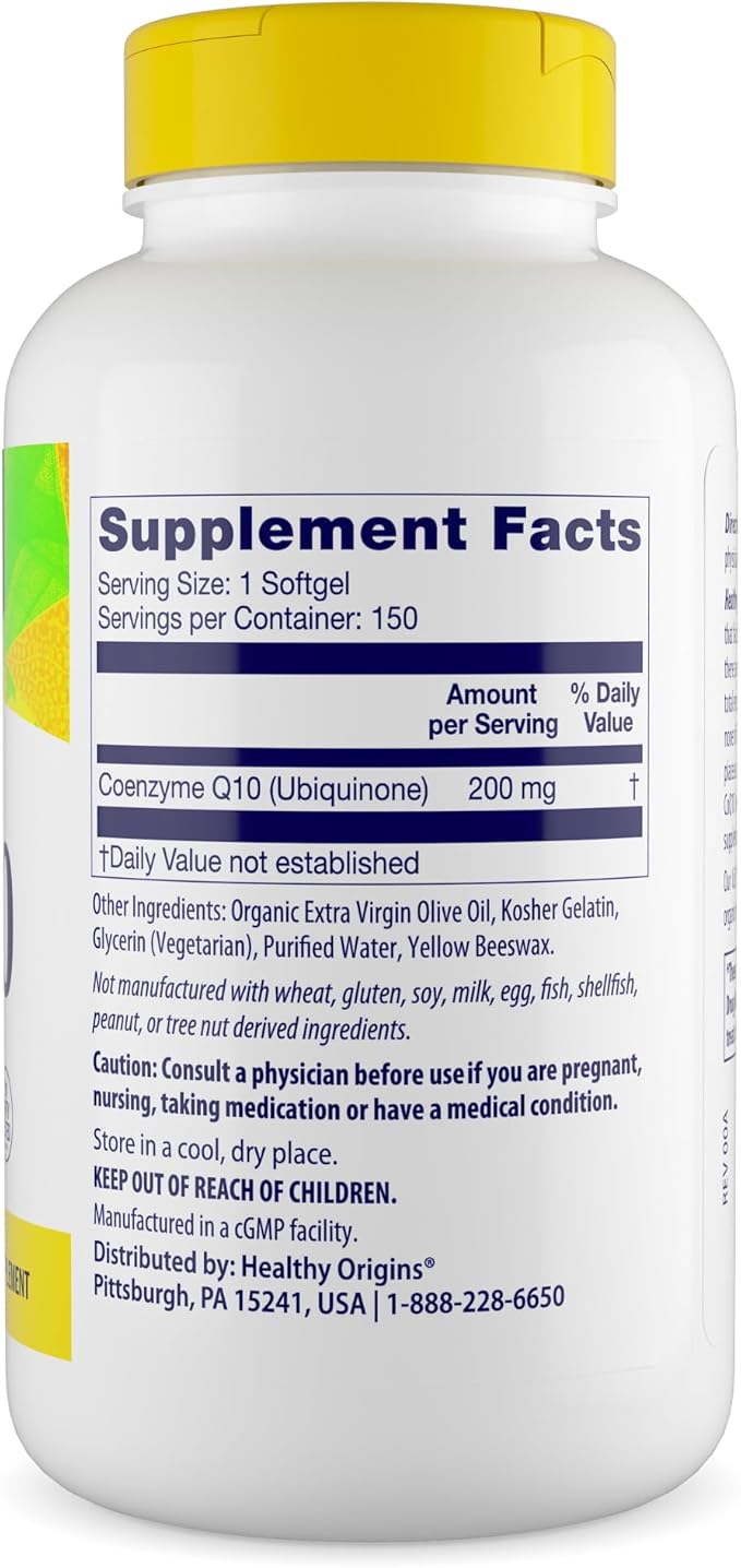 Healthy Origins CoQ10 200 mg - Heart Health &amp Energy Supplement - Gluten-Free &amp Non-GMO Supplements - 150 Softgels