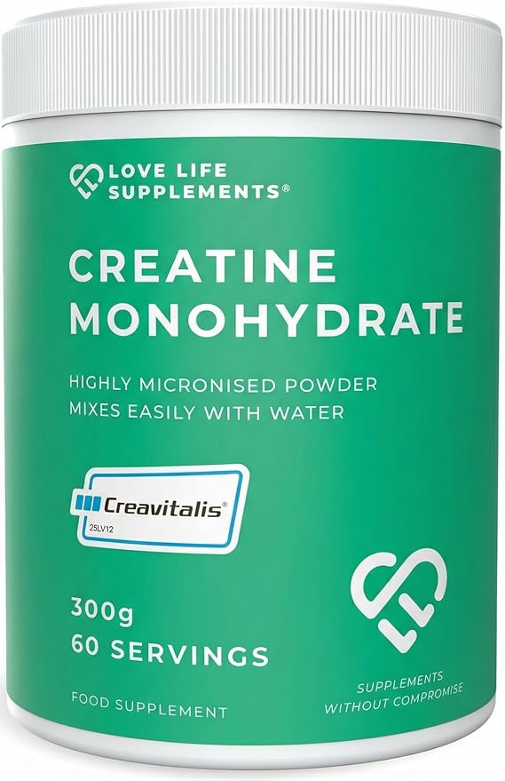 Love Life Supplements Creavitalis® Creatine Monohydrate Powder 300g 60 Servings Micronised Unflavoured Vegan Muscle Growth Strength Power Recovery for Women and Men 3rd Party Tested