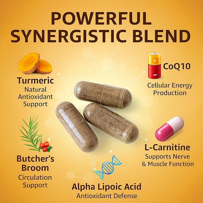 Rynutra Nerve Support Supplement Capsules for Neuropathy with CoQ10 Turmeric L-Carnitine Butcher’s Broom Alpha Lipoic Acid Enhance Nerve Calming Promote Overall Well-Being 60 Capsules