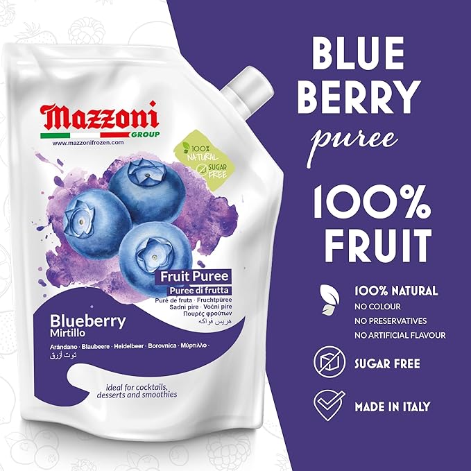 Mazzoni - Blueberry Puree 100% Pure Blueberries Just Fruit No Sugar Added Real Fruit for Smoothies Drinks Cocktails Fruit Juice - 2.2 lb Convenient Pouch Made in Italy