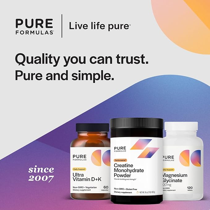 PureFormulas Creatine Monohydrate for Muscle Growth Creatine Monohydrate Powder 90 Servings 16 Oz (1 lb) 450 g Dairy-Free Gluten-Free Non-GMO Enhance Athletic Performance &amp Strength