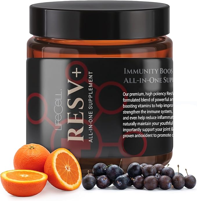 LifeCell ResV+ All-in-One Immunity Supplement – Resveratrol Vitamin C and D – Supports Healthy Aging Skin Hydration Joint and Heart Health – 100% Vegan – 60 Capsules – 30-Day Supply