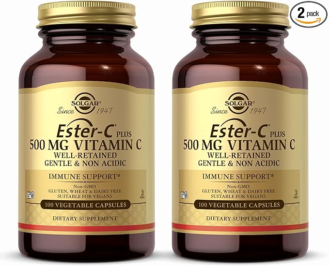 Solgar Ester-C Plus 500 mg Vitamin C (Ascorbate Complex) - 100 Vegetable Capsules Pack of 2 - Antioxidant &amp Immune Support - Non GMO Vegan Gluten Free Kosher - 200 Total Servings