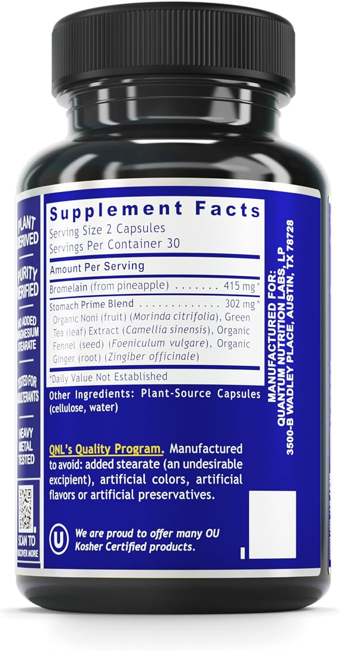 QNL Quantum Stomach Support - Digestive Enzymes for Women &amp Men - Organic Digestion Supplement - Vegan Bromelain Nutritional Supplement - 60 Plant-Source Caps