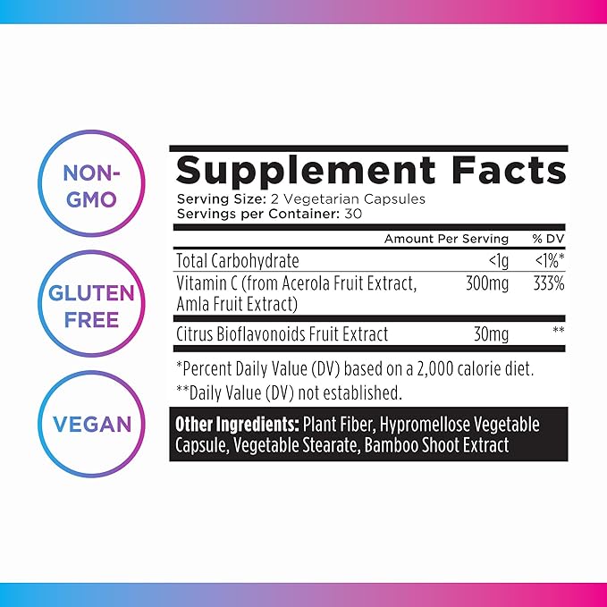 Livingood Daily Vitamin C Supplement 3-in-1 Whole Food-Based Vitamin C with Acerola &amp Amla Fruit Extracts and Citrus Bioflavonoids for Immune Support Vegan Gluten Free Non GMO 60 Capsules
