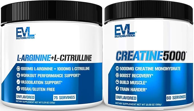 Pure Creatine Monohydrate Powder 5g (Unflavored 60 Servings) Plus L-Arginine and L-Citrulline Nitric Oxide Complex (Unflavored 75 Servings)