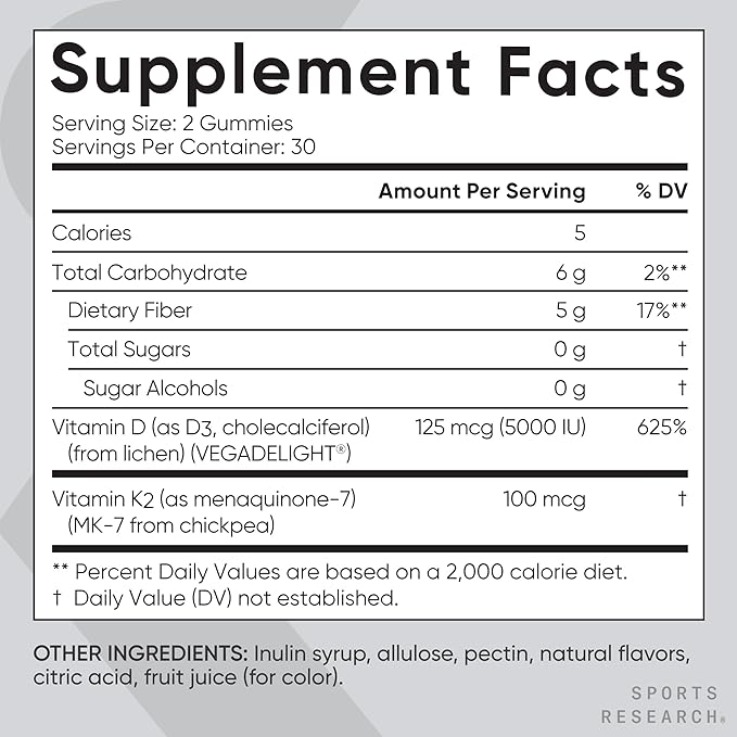Sports Research® Vegan Vitamin D3 + K2 Sugar-Free Gummies - 125mcg (5000iu) Vitamin D w/ 100mcg Mk7 Vitamin K - Supports Bone &amp Immune Health* - Vegan Certified · Non-GMO · Soy Free - 60 Count