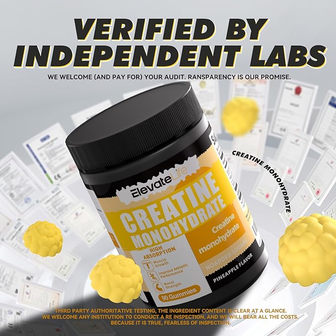 ElevateLife NSF Certified Creatine Monohydrate Gummies 5000mg for Men &amp Women Chewables Creatine Monohydrate for Muscle Strength Muscle Builder Energy Boost Pre-Workout Supplement-90 Pineapple
