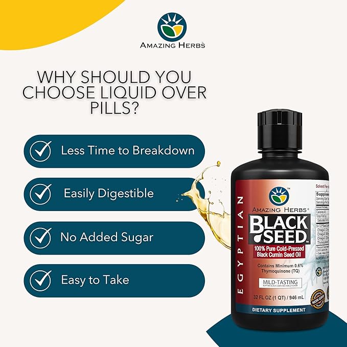 Amazing Herbs Egyptian Black Seed Oil - Gluten Free Non GMO Cold Pressed Nigella Sativa Aids in Digestive Health Immune Support Brain Function Mild Flavor - 32 Fl Oz