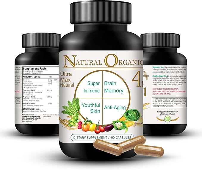 Ultra Max Natural Organic 4 in 1 Brain Supplements for Memory and Focus Immune Support Anti-Aging Dietary Supplements