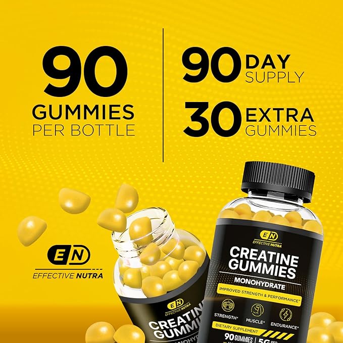 Effective Nutra Creatine Monohydrate Gummies - 1g Creatine per Gummy - Vegan Muscle &amp Strength Supplement for Men &amp Women - Supports Muscle Growth Energy Endurance - Lemon Flavor Made in US