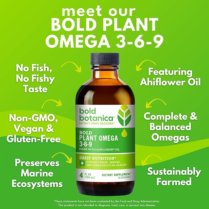Bold Botanica Plant Vegan Omega 3-6-9 with Ahiflower Oil Omega 3 Liquid Supplement for Women &amp Men Plant-Based Omegas for Brain &amp Immune Health Better Than Flax Fish Free Sugar-Free 4 fl