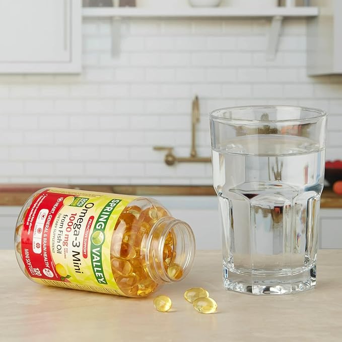 Spring Valley Omega-3 Mini from Fish Oil 1000 mg 120 Count Dietary Supplement Omega 3 Mini Softgels Set with Basket Goods Store