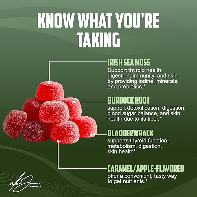Ultimate Irish Sea Moss Gummies with Bladderwrack &amp Burdock Root – Sea Moss Bladderwrack Burdock Root – Caramel Apple Flavor – Plant-Based Mineral Blend – Vegan Non-GMO – 60 Gummies