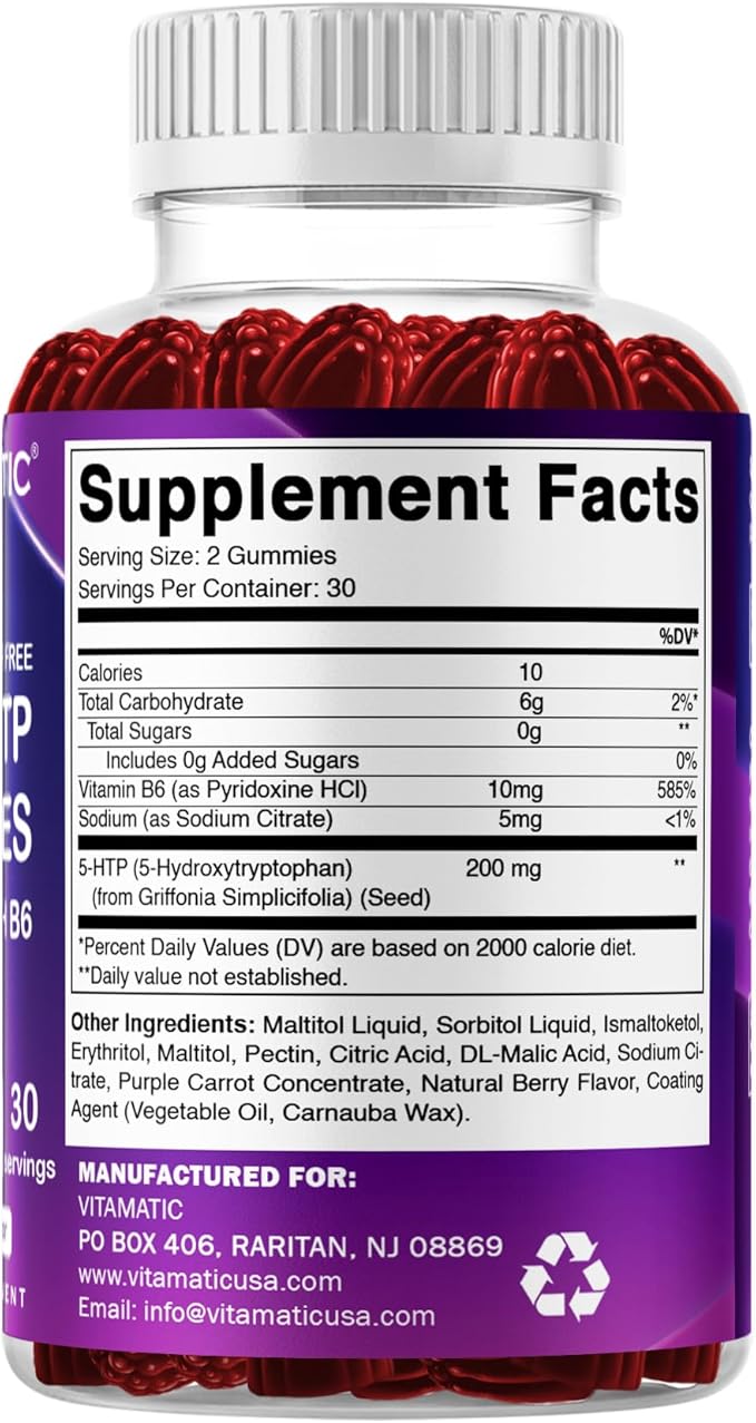 Vitamatic Sugar Free 5-HTP 200mg Gummies with B6 – 60 Pectin-Based Gummies – Mood Support &amp Stress Relief- 2 Pack