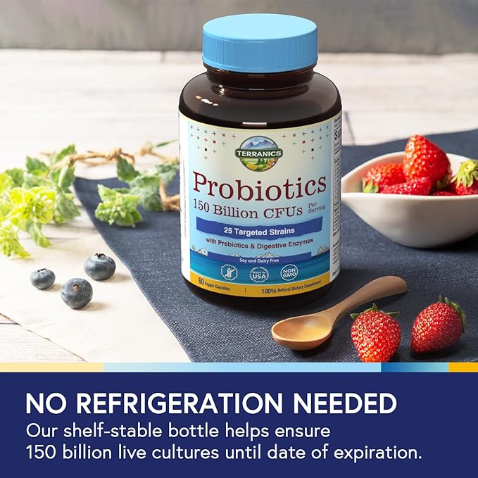 Terranics Daily Probiotics for Men &amp Women 150 Billion 25 Strains Probiotics with Prebiotics &amp Enzymes Delayed Release Shelf Stable 60 Veggie Caps
