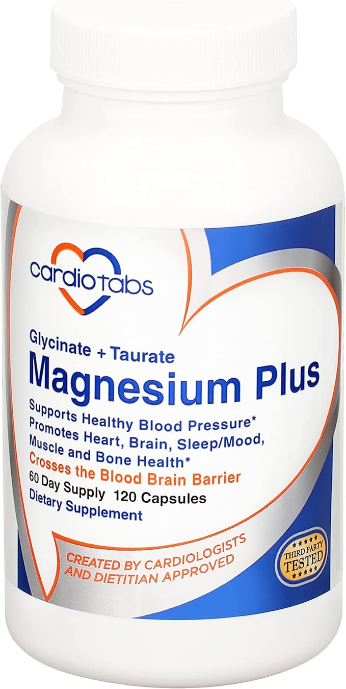 Magnesium Plus – 200 mg of Magnesium Glycinate and Magnesium Taurate for Blood Pressure Heart Brain Sleep &amp Mood Support – Highly Concentrated and Well Absorbed - 120 Capsules