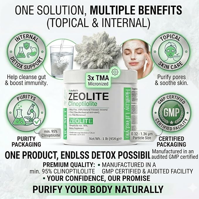 Zeolite Powder | 1 Pound - 454 g | Ultra FINE Less-Than 1 µm | Clinoptilolite 95% | 3X Activated | Safe Gentle &amp Effective Energy | Original Zeolite Powder (454 Servings) | Myherbalid