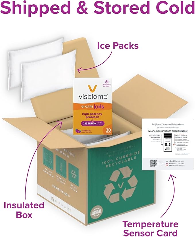 Visbiome® GI Care Kids - High Potency Probiotic for IBS &amp UC Symptoms - Wild Berry Flavor No Dyes- 225 Billion CFU Live Probiotics for Children Cold Chain Shipping 120 Packets