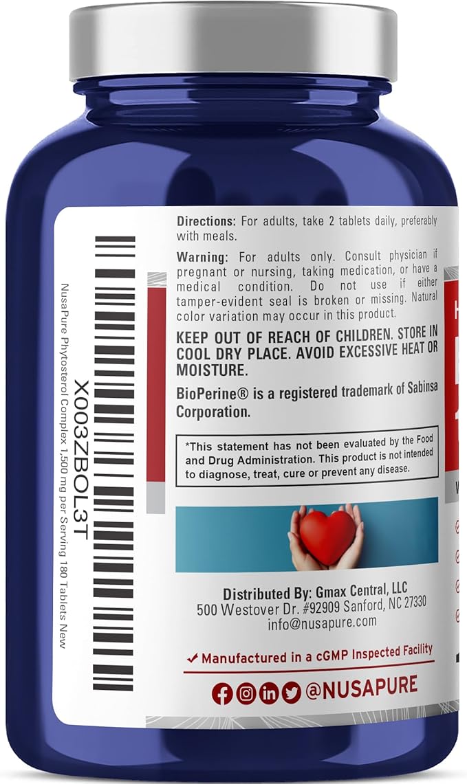 NusaPure Plant Sterols 1500 mg - 180 Tablets (Non-GMO Vegan) Beta Sitosterol Bioperine (Pack of 2)