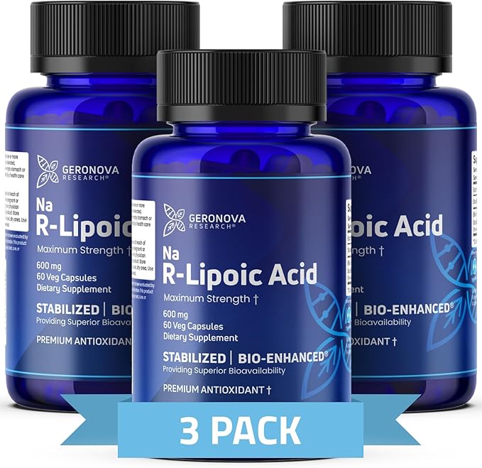 Geronova Research Bio-Enhanced R-Lipoic Acid 600 mg Capsules - 3 Month Supply - Stabilized R Alpha Lipoic Acid with Enhanced Absorption - R Lipoic Acid Supplement - 180 Count
