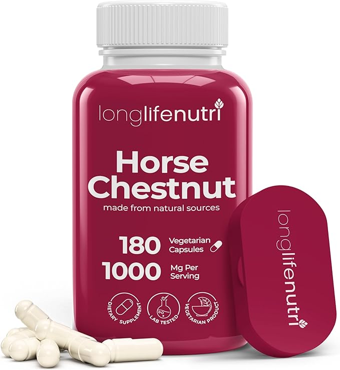 LongLifeNutri Horse Chestnut Extract 500mg - 180 Vegetarian Capsules Organic Supplement for Daily Wellness &amp Circulation 3-Month Supply GMP Certified Made in USA