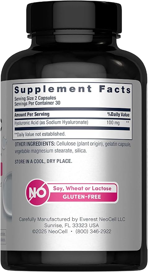 NeoCell Hyaluronic Acid Capsules | 60 Pills | 100mg | Advanced Formula Supplement | Skin Hydration &amp Suppleness