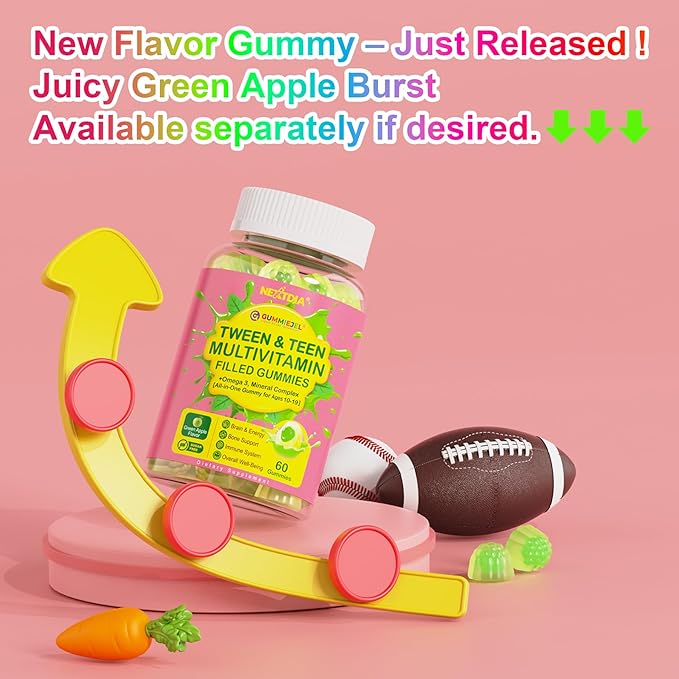 Nextdia Multivitamin Filled Gummies for Teen Boys Girls 12-17 18 19 Kids 10+ Multivitamin with Omega 3 Calcium + Magnesium + Zinc Multi-Minerals for Adolescent 10-19S Brain Bone Energy Immune