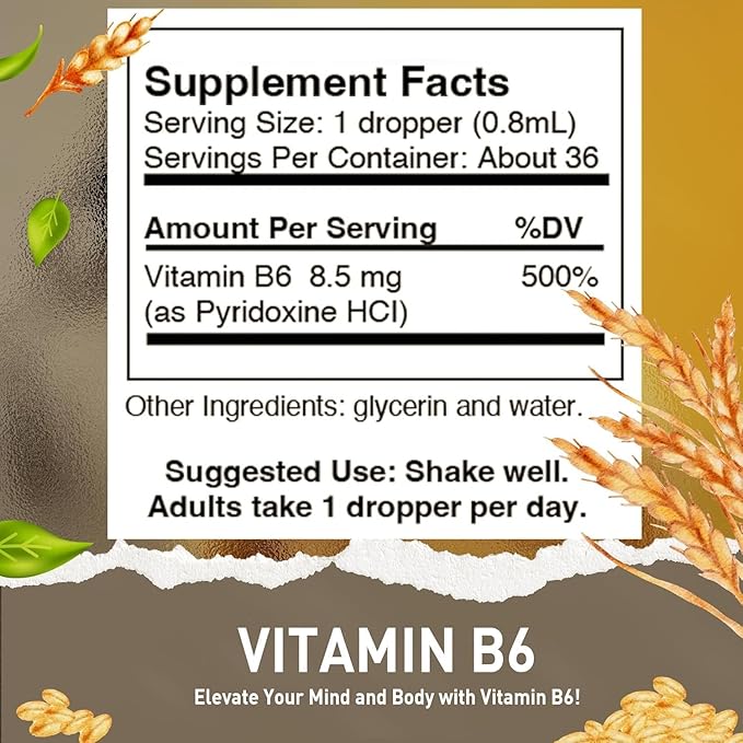 Vitamin B6 Liquid Drops 500% DV Pyridoxine B6 Supplement Alcohol Free Fast Absorbing B6 Vitamins for Energy Brain &amp Immune Support Made in the USA