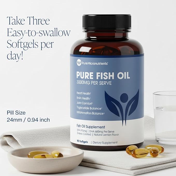 Pure Micronutrients - Omega 3 Fish Oil Supplement EPA/DHA Fatty Acids Burpless Fish Oil Supplements with Lemon - Heart Eye Brain &amp Immune Support - 90 Softgels