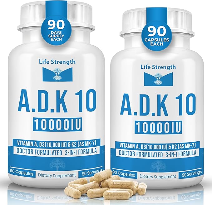 ADK 10 Supplement (180 Count) - Physician Formulated Vitamins A1 D3 &amp K2 (as MK7) for Bone Health - Immune System Support - Gluten Free Soy Free Non-GMO - 90 Capsules