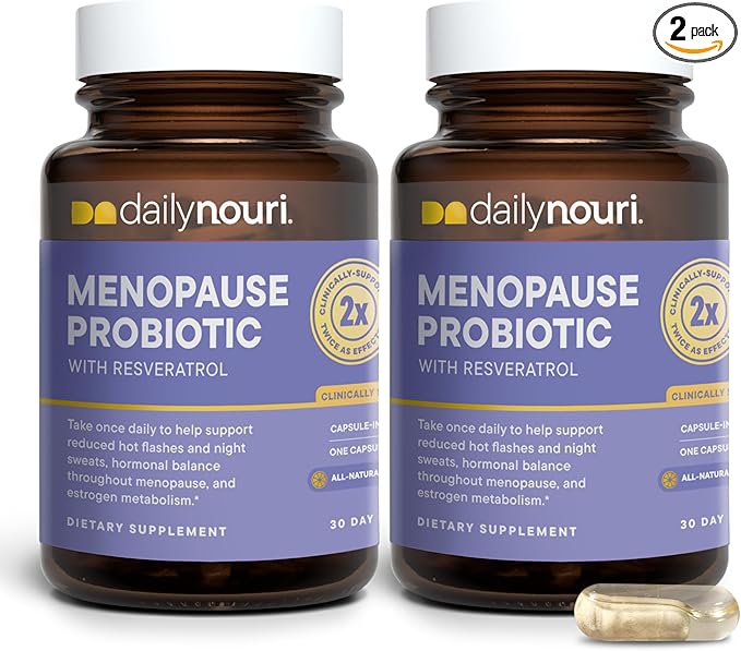 Daily Nouri Menopause Probiotics for Women | Hormonal Balance Hot Flashes Night Sweats &amp Gut Health | 3 Clinically Studied Strains + Resveratrol &amp Omega | 60-Day Supply