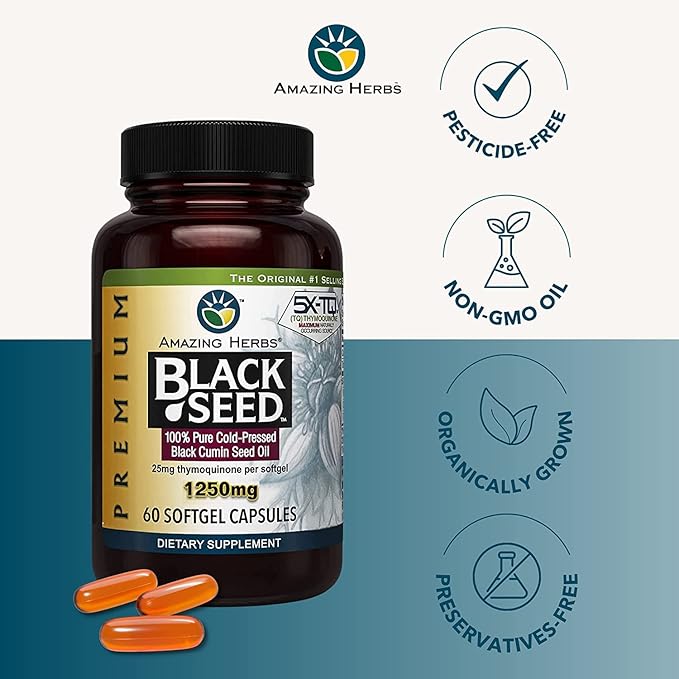 Amazing Herbs Premium Black Seed Oil Capsules - High Potency Cold Pressed Nigella Sativa Aids in Digestive Health Immune Support &amp Brain Function - 60 Count 1250mg (Pack of 2)
