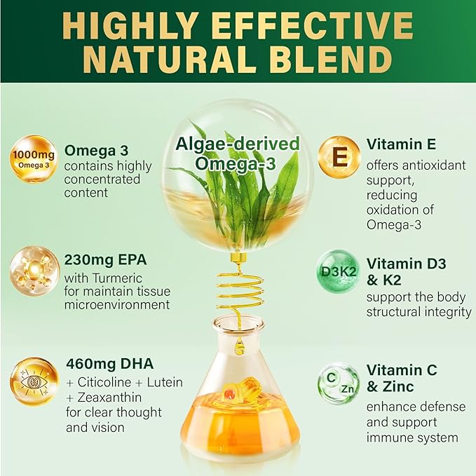 Omega-3 Supplement Gummies for Women &amp Men - 1000mg Vegan Omega3 DHA &amp EPA with Turmeric Vitamin D3 K2 Citicoline for Overall Health - Algae Oil Omega 3 Fatty Acid Supplements Sugar-Free