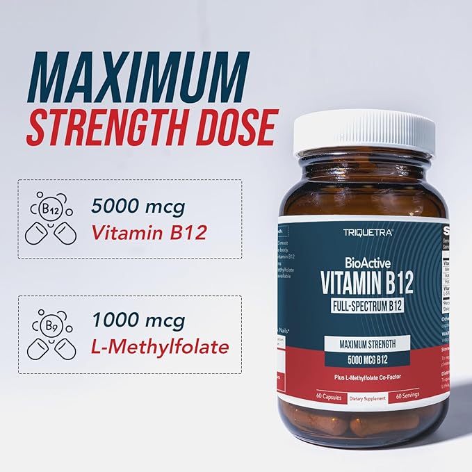 BioActive Vitamin B12 - 5000 mcg Contains 3 BioActive Forms B12 Plus Methylfolate Cofactor - Methyl B12 Adenosyl B12 &amp Hydroxy B12 | Supports Energy Metabolism &amp Mood | Vegan Non-GMO (60 S