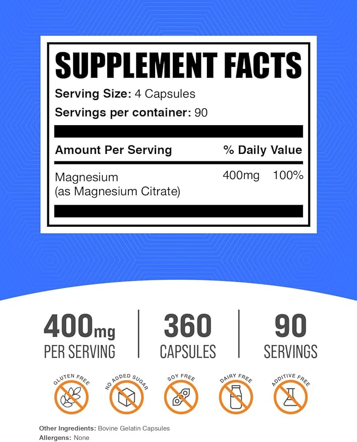 BulkSupplements.com Magnesium Citrate Capsules - Magnesium Supplement Magnesium Citrate 400mg - Gluten Free 4 Capsules per Serving 360 Count (Pack of 2)