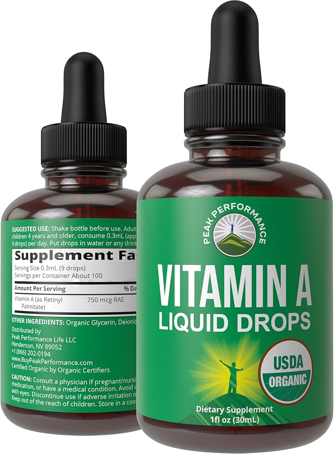 USDA Organic Vitamin A Liquid Drops Supplement - Vegan High Bioavailability for Eye Skin + Bone Health - for Adults Men Women Kids - Vit A Oil Retinyl Palmitate - Gluten Free Zero Sugar 1 fl oz