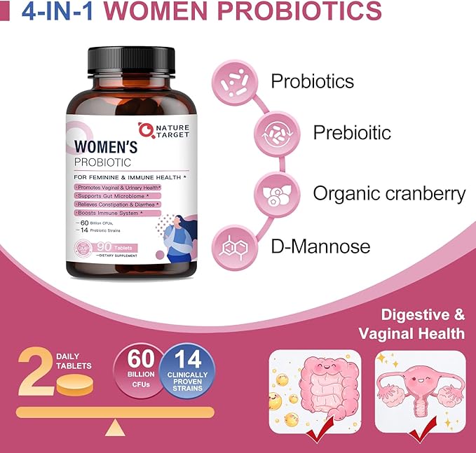 NATURE TARGET Women's Probiotics &amp Prebiotics Cranberry &amp D-Mannose 50-Billion-CFUs Organic Probiotics for Digestive Health/Gut Health/Immune Booster/Weight Management
