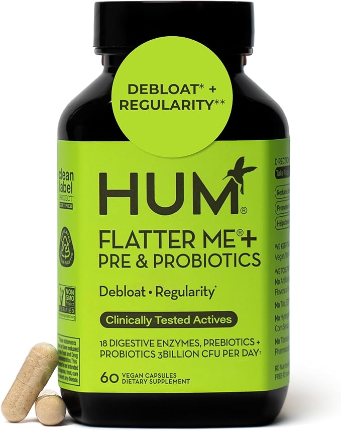 HUM Flatter Me Digestive Enzymes Plus Prebiotics &amp Probiotics Digestive Health Bloating Supplement for Women &amp Men Fast Acting Anti Bloat Pills Multi Enzyme for Debloating Vegan 60 Capsule