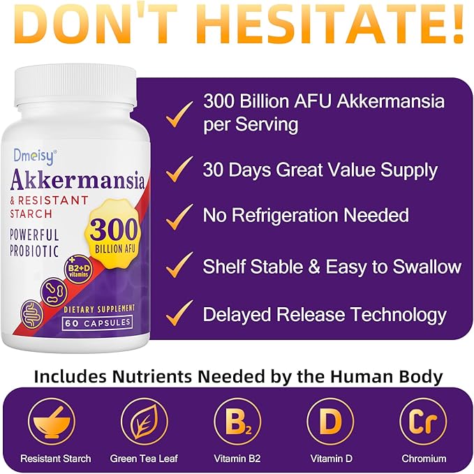 Akkermansia Supplement - 300 Billion AFU Akkermansia Muciniphila Akkermansia Probiotic for Women &amp Men for Boost  Digestive Gut Immunity Enhances Gut Lining Function &amp Intestinal Walls
