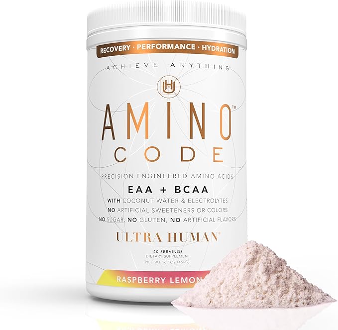 Ultra Human Amino Code | Essential Amino Acids + BCAAs + Coconut Water Electrolytes | Fast Hydration Amino Energy Powder Drink | 40 Servings - Raspberry Lemonade