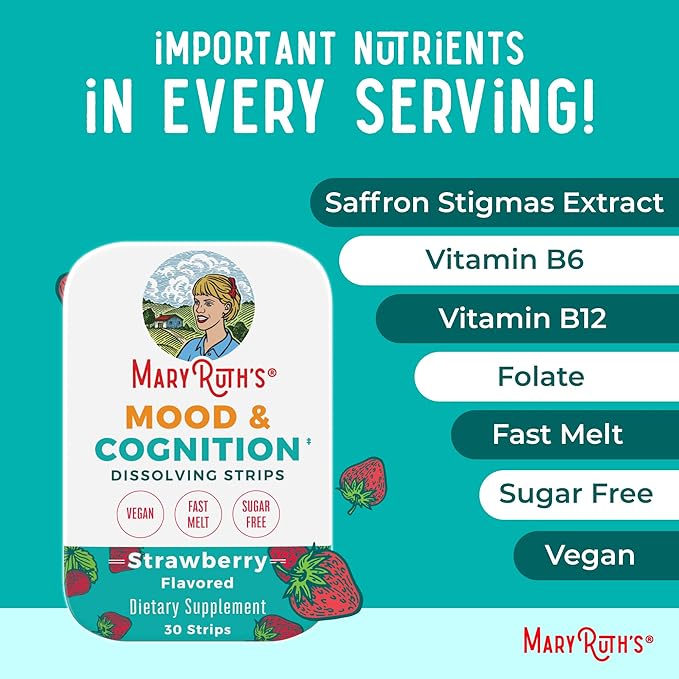 Mood &amp Cognition Dissolving Strips by MaryRuth's | Vitamin B12 | Vitamin B6 | Saffron | Folate | B Vitamins | Sugar Free | Strawberry Flavor | Vegan | Gluten Free | Dairy Free | 30 Count