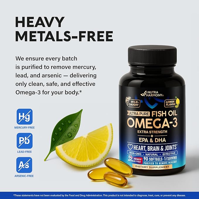Omega 3 Fish Oil 3600 mg - Omega 3 Supplement | EPA &amp DHA - Heavy Metals Free - Heart Brain &amp Joint Support - Purified Fish Oil for Men &amp Women - Lemon Flavored - Made in USA 90 Softgels