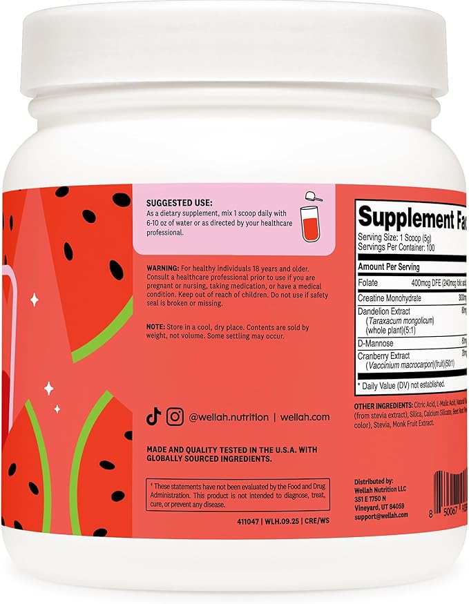 Wellah Creatine for Women (100 Servings Watermelon Slush) - Creatine Monohydrate with Dandelion &amp Cranberry Extract