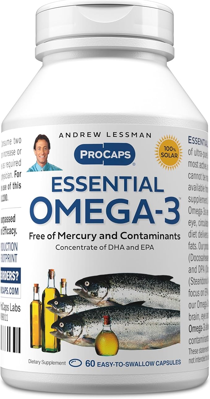 ANDREW LESSMAN Essential Omega-3 Unflavored - 60 Softgels - Ultra-Pure High Potency Omega-3 Oils. High DHA No Stomach Upset No Contaminants No Mercury. Small Easy to Swallow Softgels
