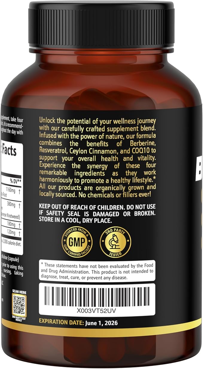 Earth Elixir 4-in-1 Berberine Supplement – Organic Berberine with Ceylon Cinnamon CoQ10 Ubiquinol and Resveratrol Powder – Metabolic &amp Cellular Energy Support 180 Vegan Capsules
