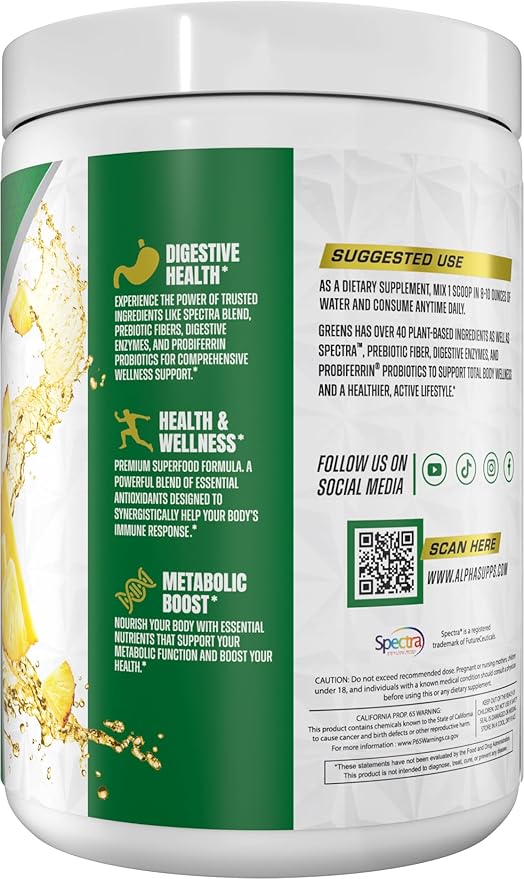 Alpha Supps - Alpha Greens Supplement | Fruit &amp Vegetable Superfood Powder | Over 40 Natural Plant Based Ingredients | Prebiotic &amp Probiotic Digestive Support Blend - 30 Servings (Pineapple)