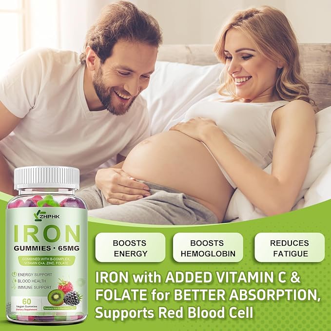 Iron Supplement for Women Men &amp Kids 65mg &amp Vitamin C 250mg per Serving with B6 B12 Folate- Energy Support for Iron Deficiency Anemia Vegan GummyRaspberry Kiwi &amp BlackBerry Flavor 60